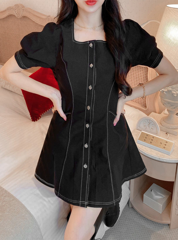 スクエアネック配色ステッチフレアミニワンピース[nh51] | レディース