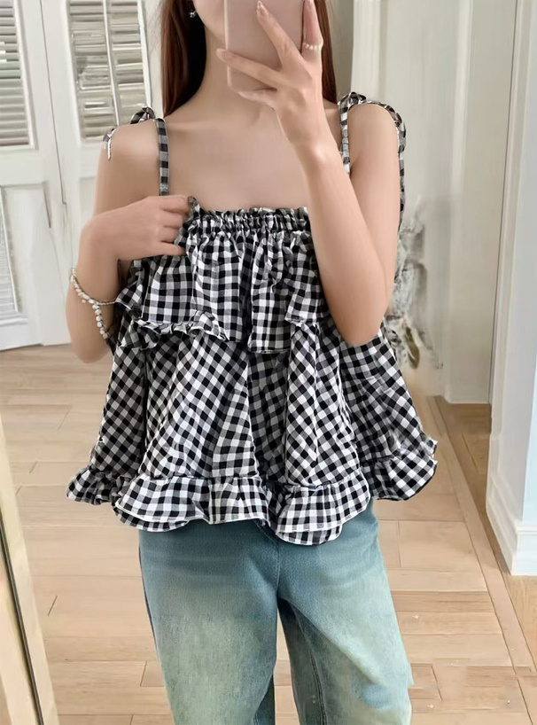 ギンガムチェックリボンショルダーフレアキャミソール[sd113