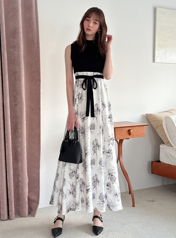 リボンベルト付きリブニット花柄フレアワンピース[ru1179