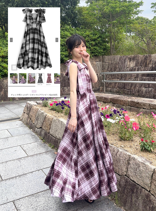 チェック柄ショルダーリボンフレアワンピース[ru1237] | レディース