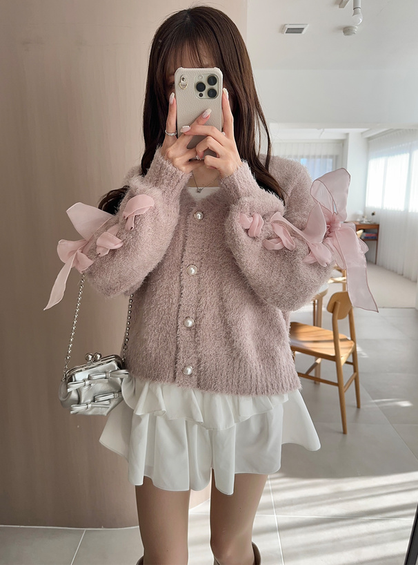 レースアップリボンフェザーニットカーディガン[tu1506] | レディース