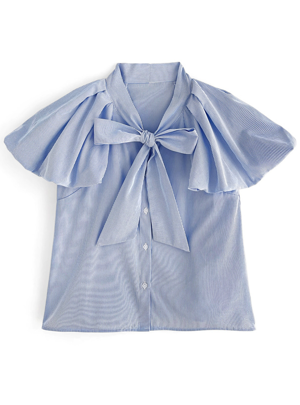 ストライプ柄ボウタイバルーンスリーブブラウス[tw1082] | レディース