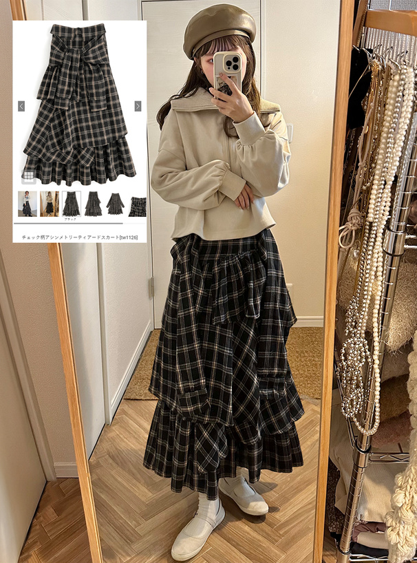 チェック柄アシンメトリーティアードスカート[tw1126] | レディース
