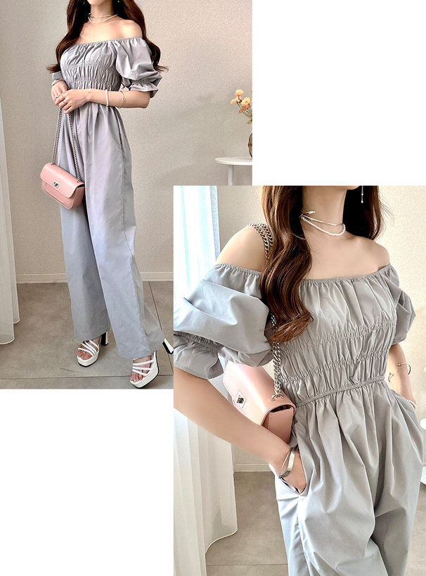 袖2Wayシャーリングオールインワン[tw1156] | レディースファッション