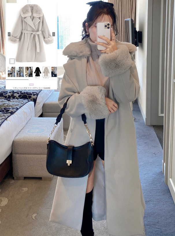 リボンベルト付きファーガウンコート[ze688] | レディースファッション