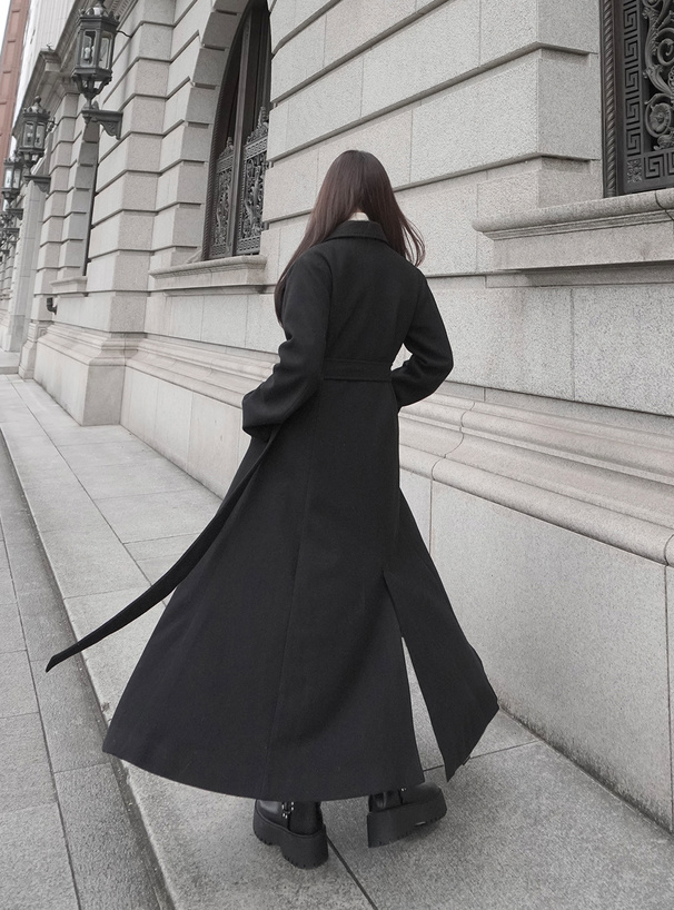 ベルト付きフェイクウールフレアロングコート[ze936] | レディース