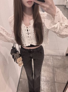 透かし編みレースアップショート丈ニットトップス[at2082