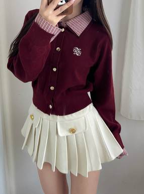 チェック柄シャツレイヤード風ニットカーディガン[kz716] | レディース