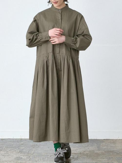 スタンドカラーフレアワンピース 綿ハイカウントチノ | OPナガソデ