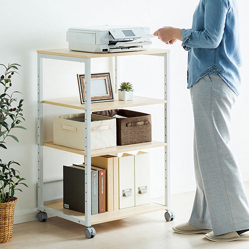 プリンター台（ラック・ワゴン・キャスター・収納・4段・木製・ライト