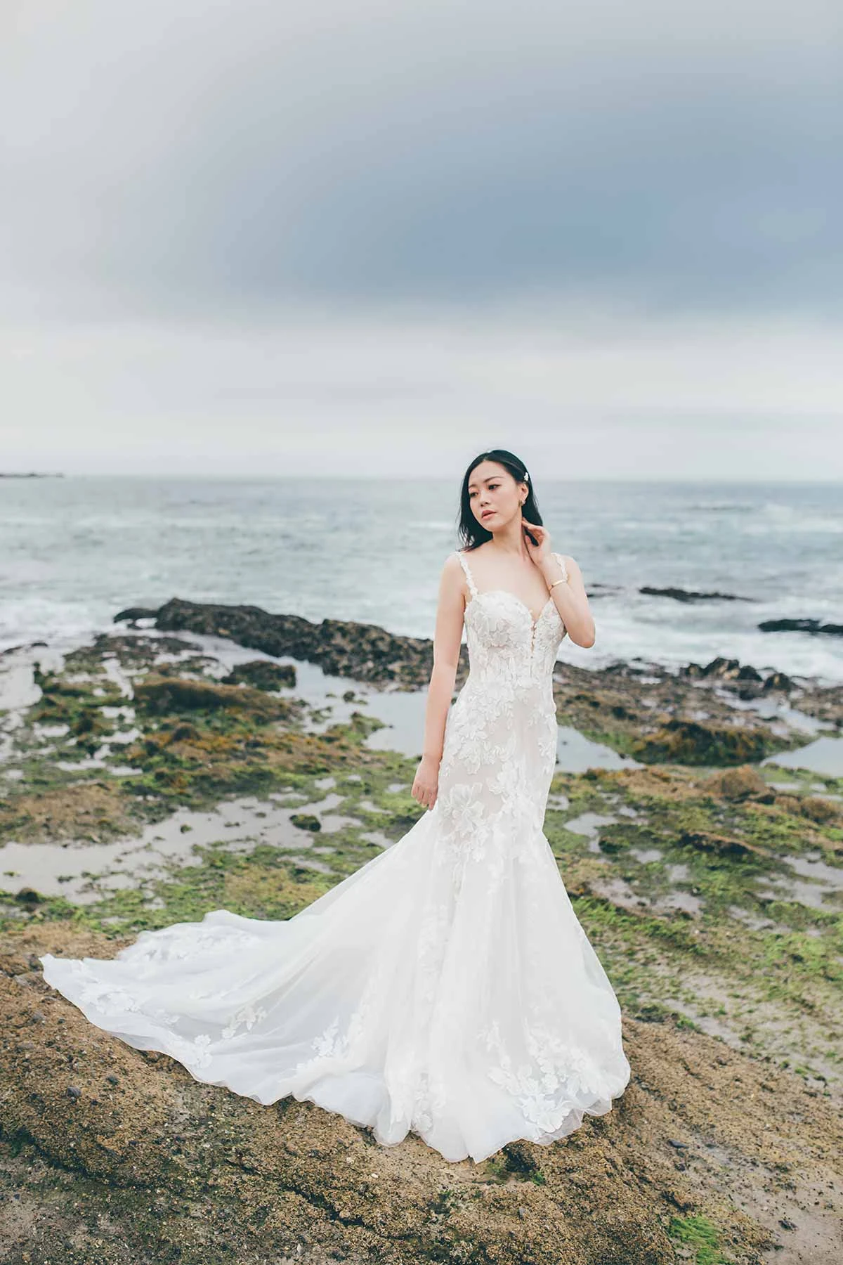 Floral Fit-and-Flare Wedding Dress with Sheer Bodice and Wide-Set