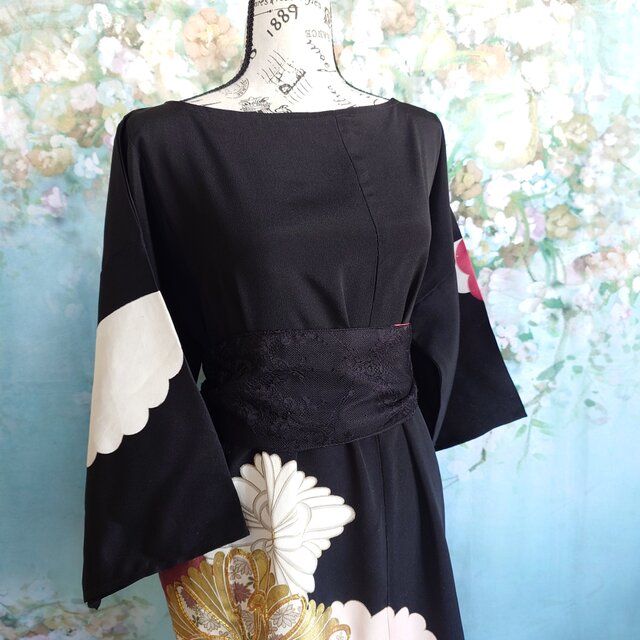 d104 3Lサイズくらい 着物ワンピース サッシュベルト付き 着物リメイク