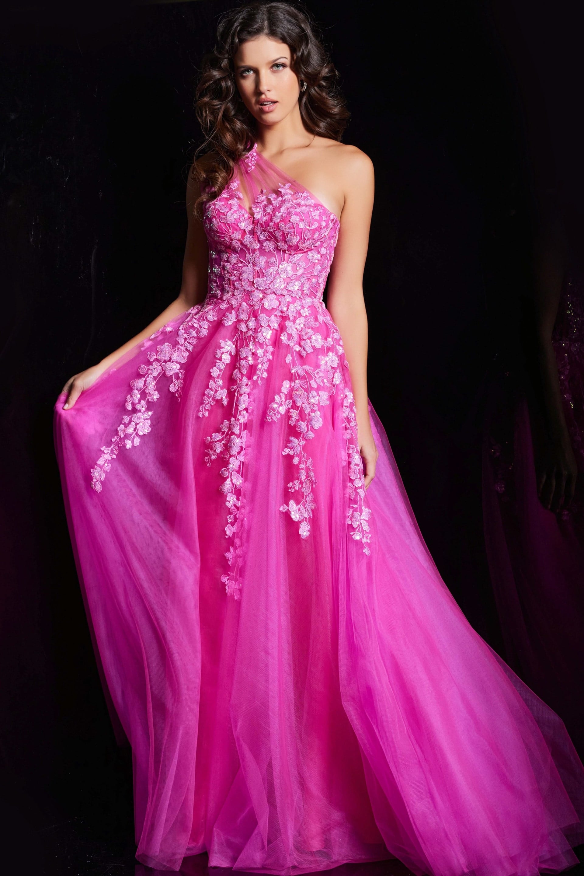 Fuchsia Floral embroidered A Line Gown 39318 | Jovani