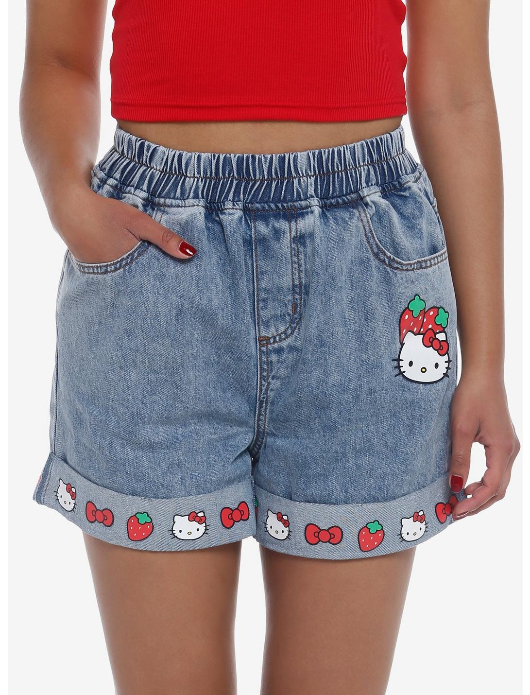 Hello Kitty Strawberry Elastic High-Waisted Denim Shorts | Hot Topic