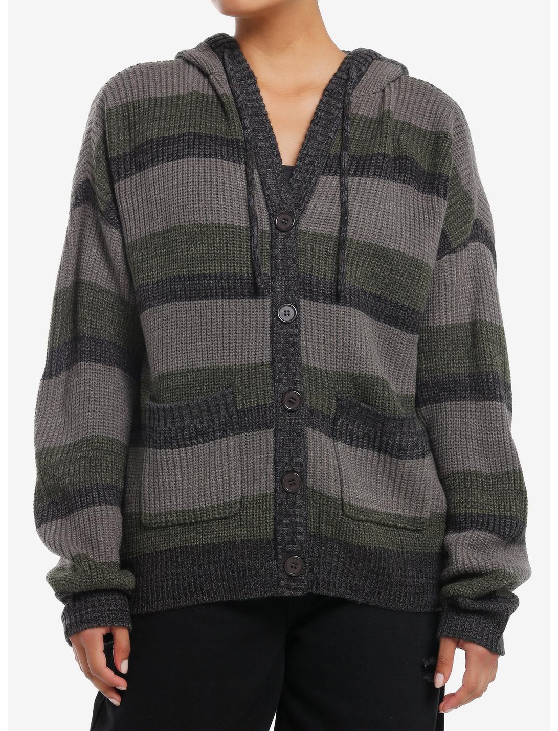 Social Collision Grey & Dark Green Stripe Girls Oversized Cardigan