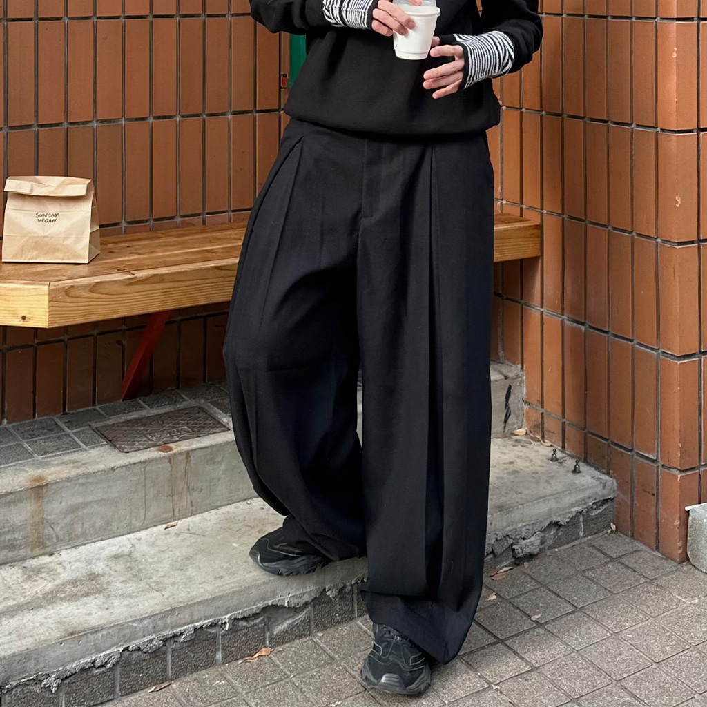 00s old 織柄 ダークグレー ツータック ウール ワイドスラックス