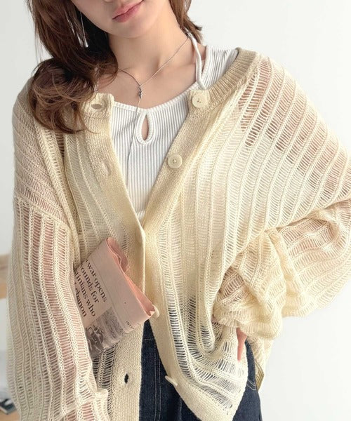 ふんわり×ゆるっと。前後2way針抜きリブ編みカーディガン（長袖