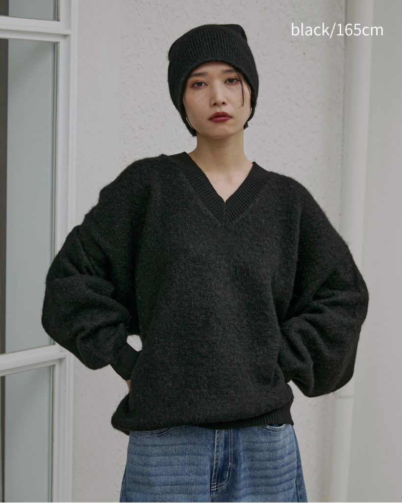 ハンドウォッシャブル】ウール混リブ異素材起毛Vネックニット