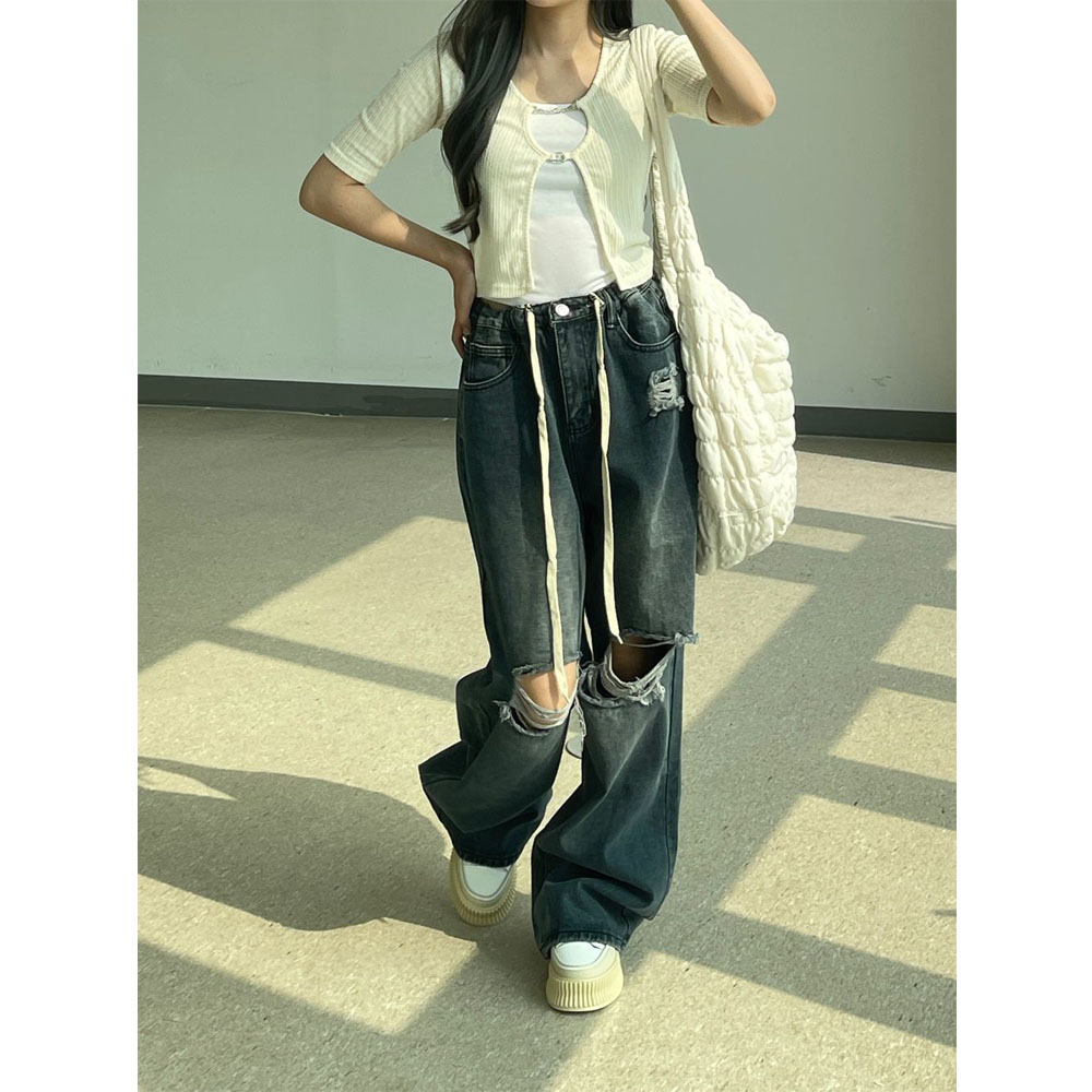 ストリングワイドダメージデニムパンツ | ファッション通販サイト NUGU