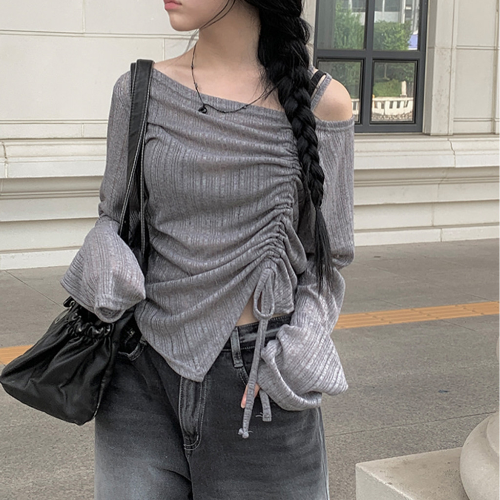ワンオフショルダーギャザーリボン長袖Tシャツ (3color