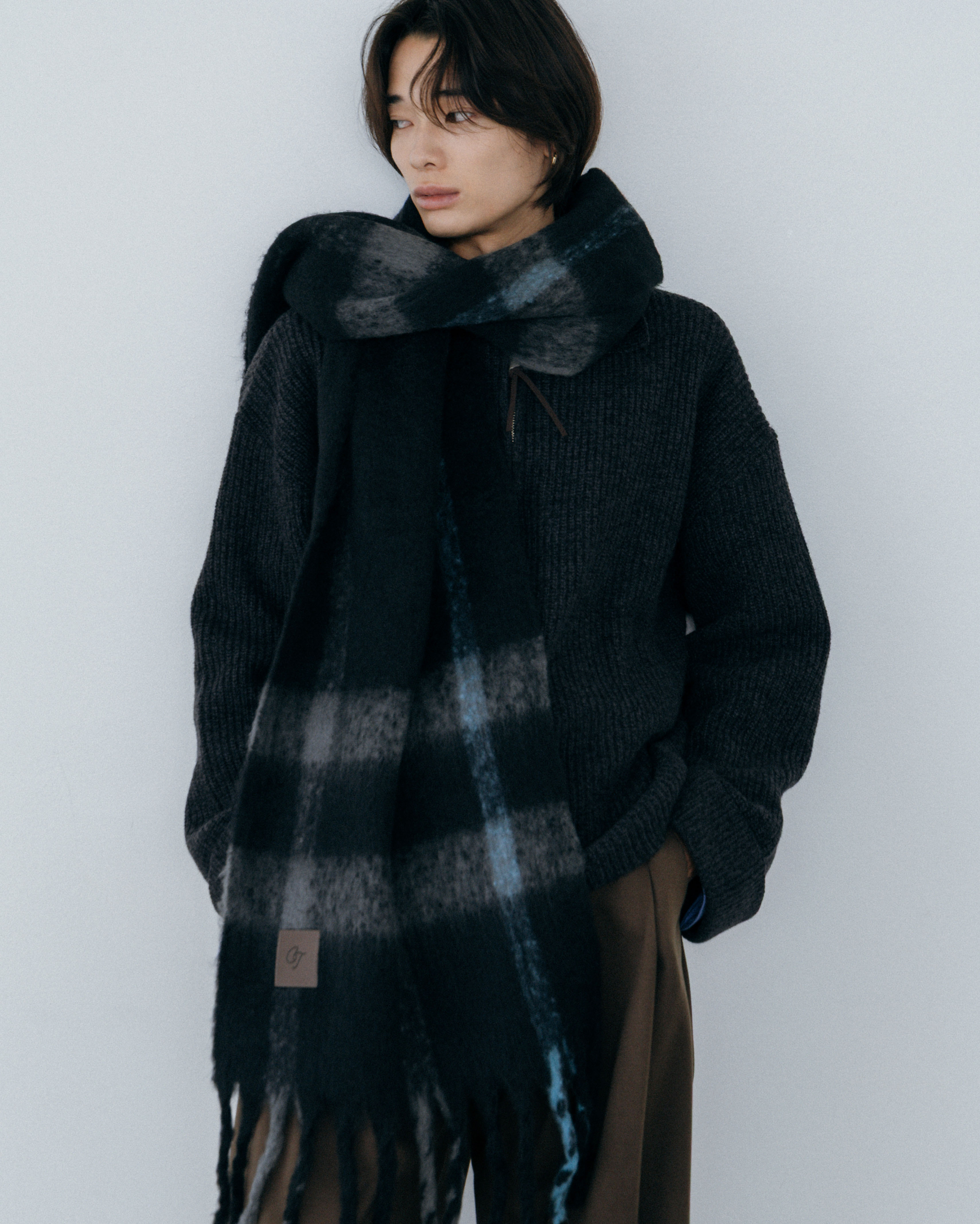 ORIGINAL) フリンジチェックウールマフラー (black) | ファッション