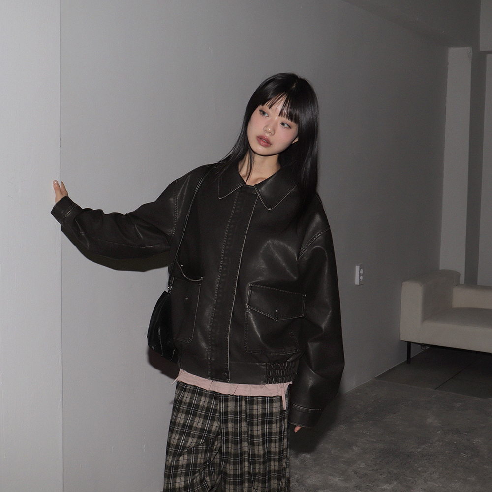 original]ヴィンテージウォッシュポケットオーバーサイズレザー