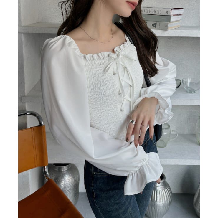 レースアップ 2WAY ボリュームスリーブ ブラウス[品番：ORGW0009366