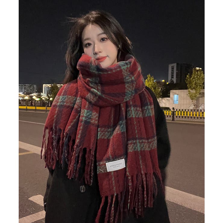 チェック柄ストール 大判フリンジマフラー[品番：AGCW0005953