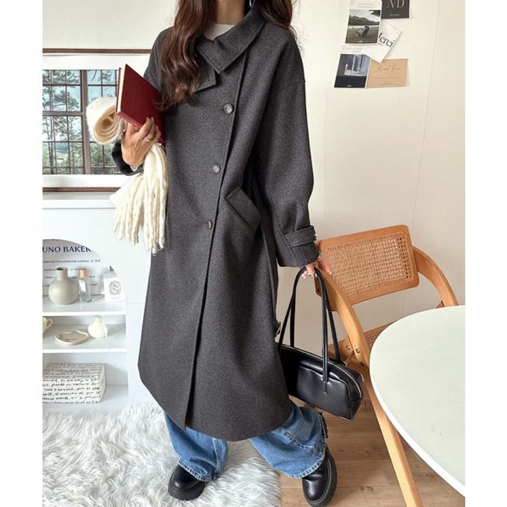 ロング丈が気分♪ニットモッサスタンドカラーロングコート[品番