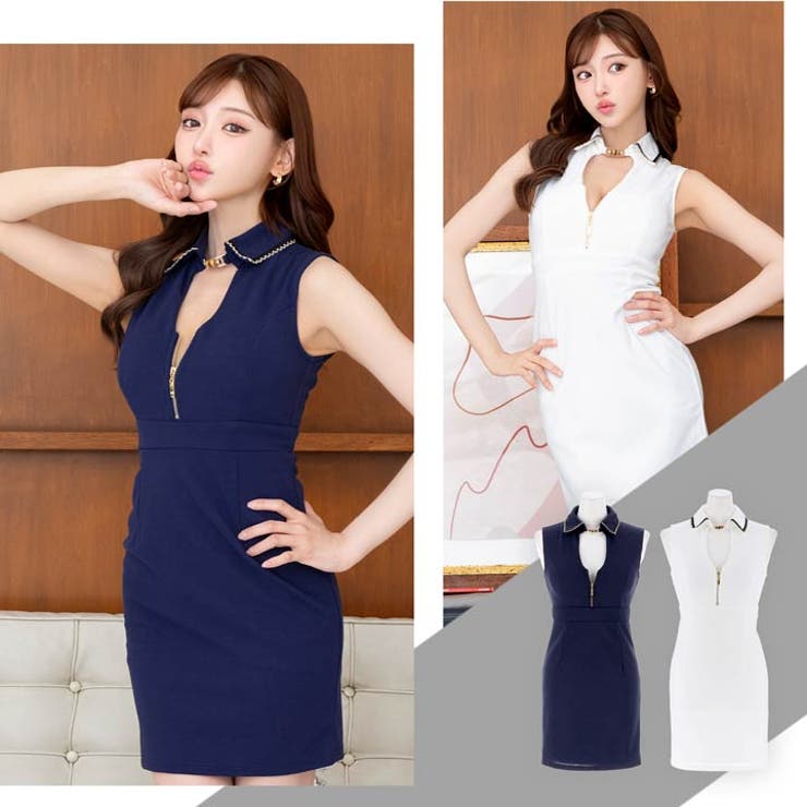 anストレッチビジュー襟付きジッパーノースリーブ裾プリーツフレアミニ