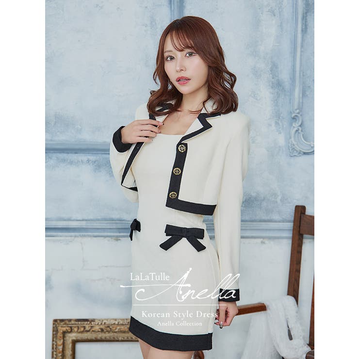 千鳥格子パイピング×リボンワンピースセットアップスーツ 韓国スーツ