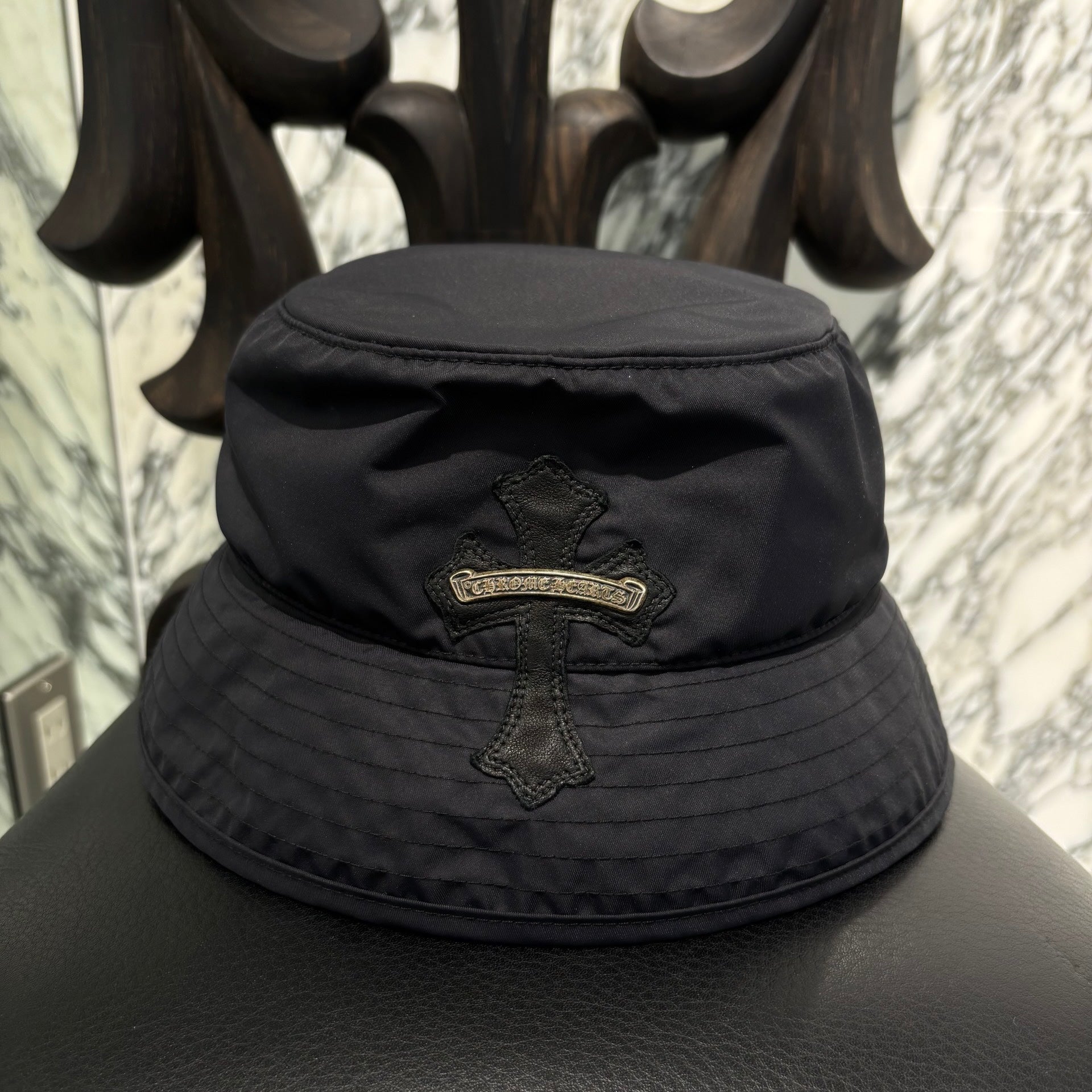 CHROME HEARTS 1 Cross Leather Patch Nylon Bucket Hat Size L（60.5