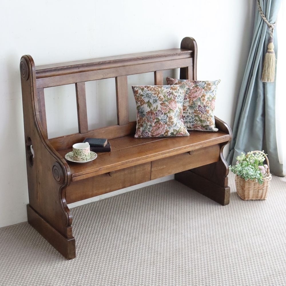 便利な収納付き♪ 教会ベンチ VS1-535｜アンティーク家具