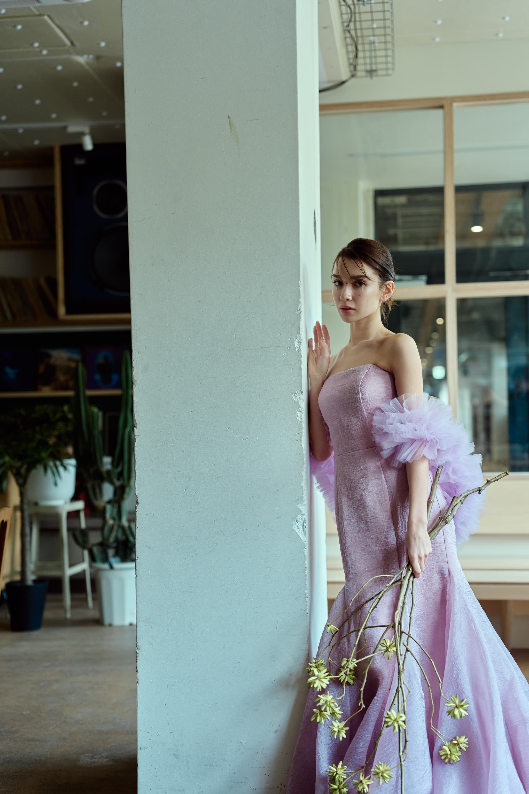 フリルスリーブ ベアトップ ソフトマーメイドドレス（W361）