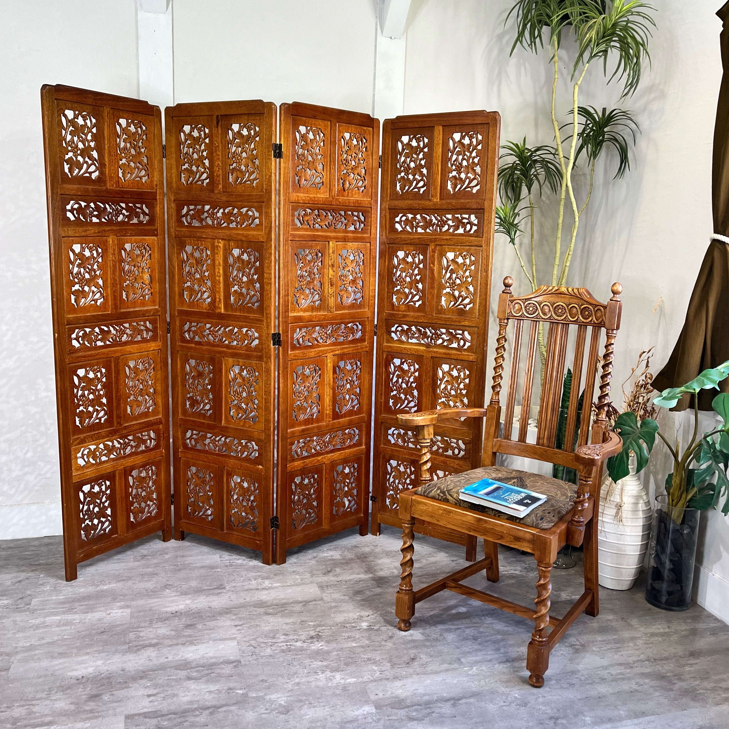 ラタンパーティションエスニック 4連 間仕切り 衝立 籐家具