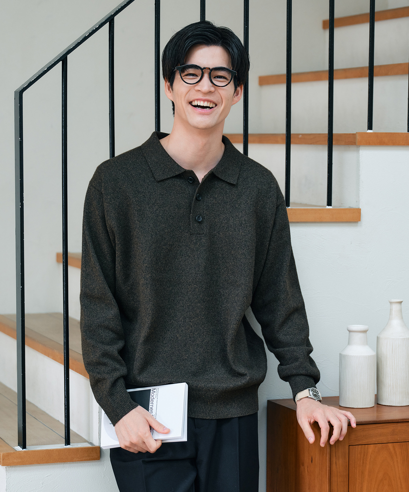 ポリナイロンニットポロ襟セーター(M ブラウン): トップス｜Right-on