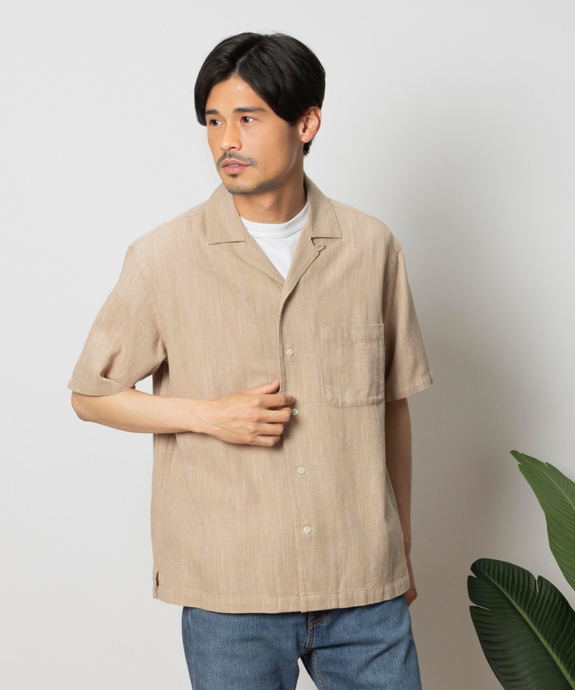 綿麻ヘリンボーン半袖開襟シャツ(S ネイビー): トップス｜Right-on公式