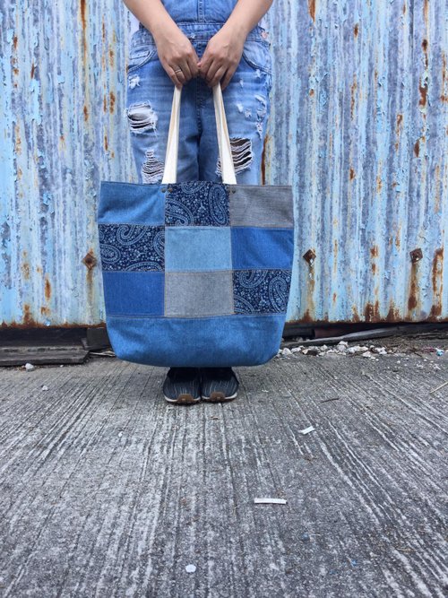 香港 Denim Patchwork Tote Bag Set デニムパッチワークトートバッグ
