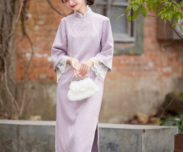 ライトパープル スリムフィット レース 七分袖 チャイナドレス 新中国