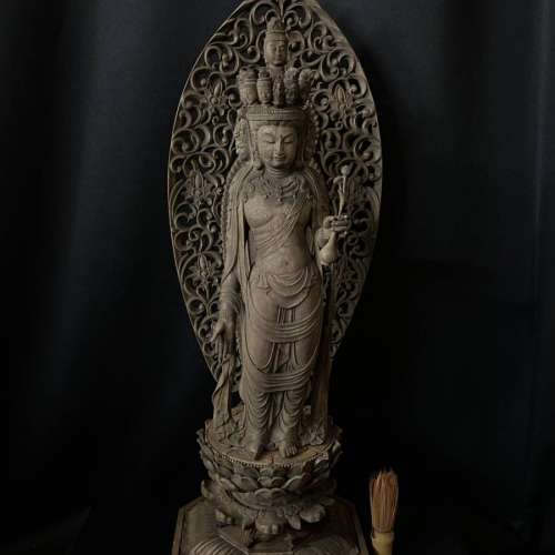 日本佛師原木手雕井波彫刻香樟木十一面觀音62cm高大型細密雕刻- 二手或