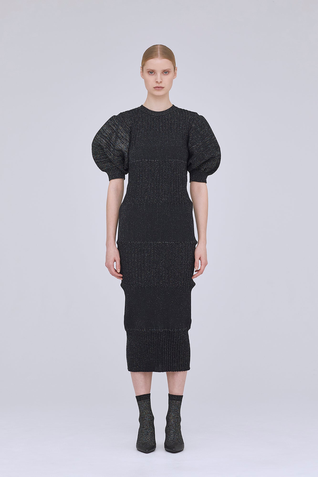 FLUTED GLITTER SHORT PUFF SLEEVE DRESS