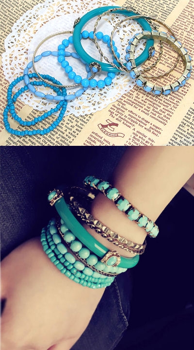 ビーズのブレスレット9種セット（ターコイズブルー）