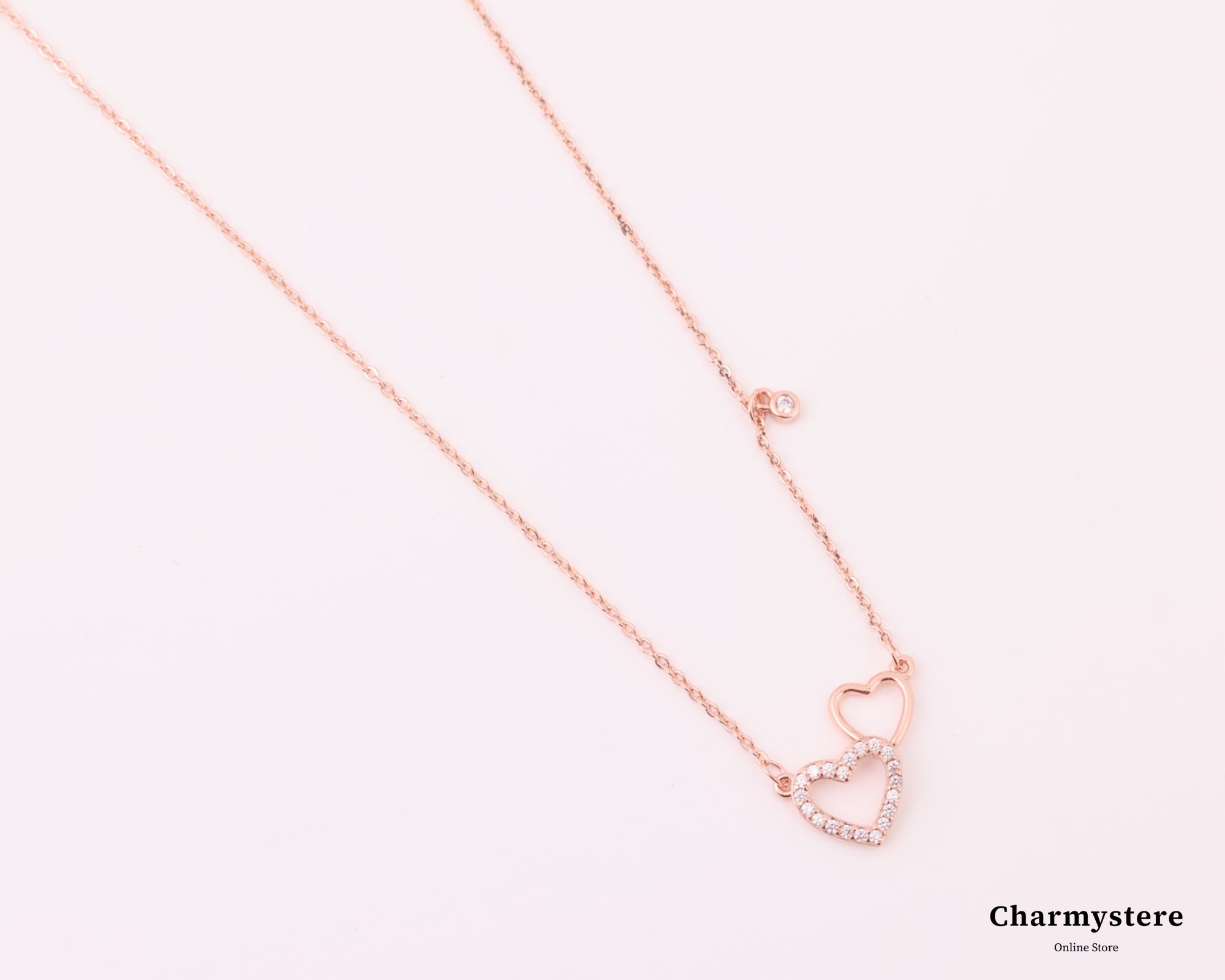 ダブルハートラウンドストーンチェーンネックレス｜Charmystere