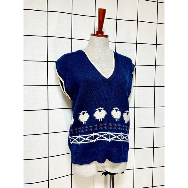 羊模様編み ネイビー Vネック ニットベスト アメリカ古着 レトロ