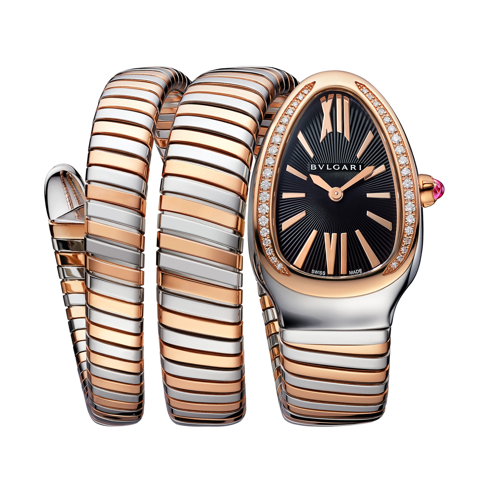 Bvlgari 18k Rose Gold and Steel Serpenti Tubogas 35mm Black Dial