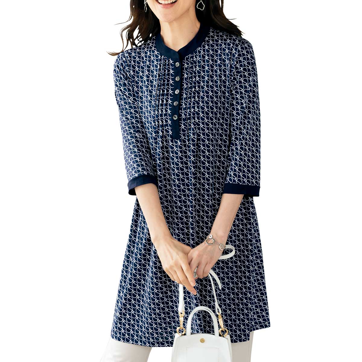 公式】 ピンタック七分袖プリントチュニックプルオーバー