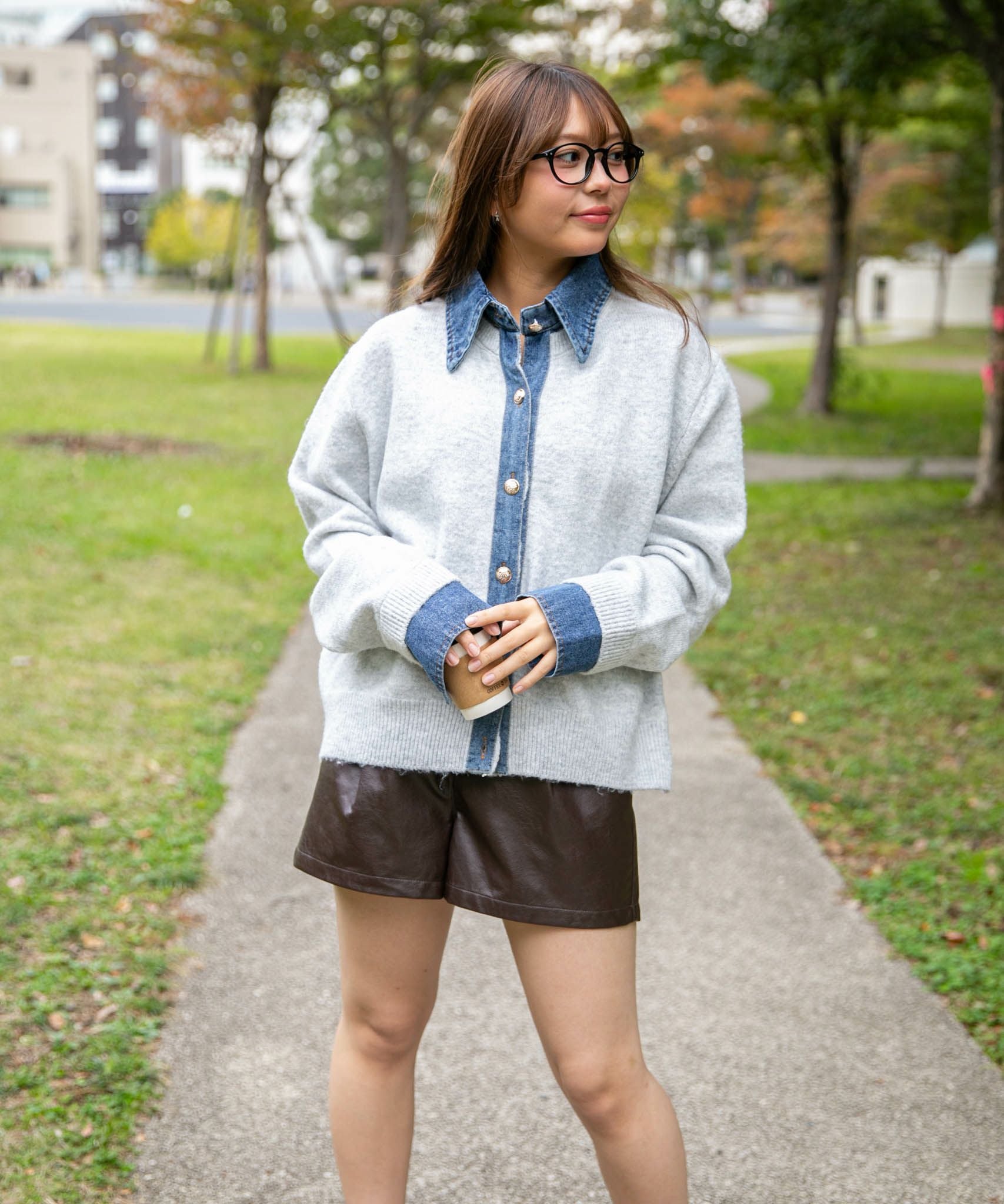 デニム衿×フェイクレイヤード》レディース ニットトップス ミドル丈