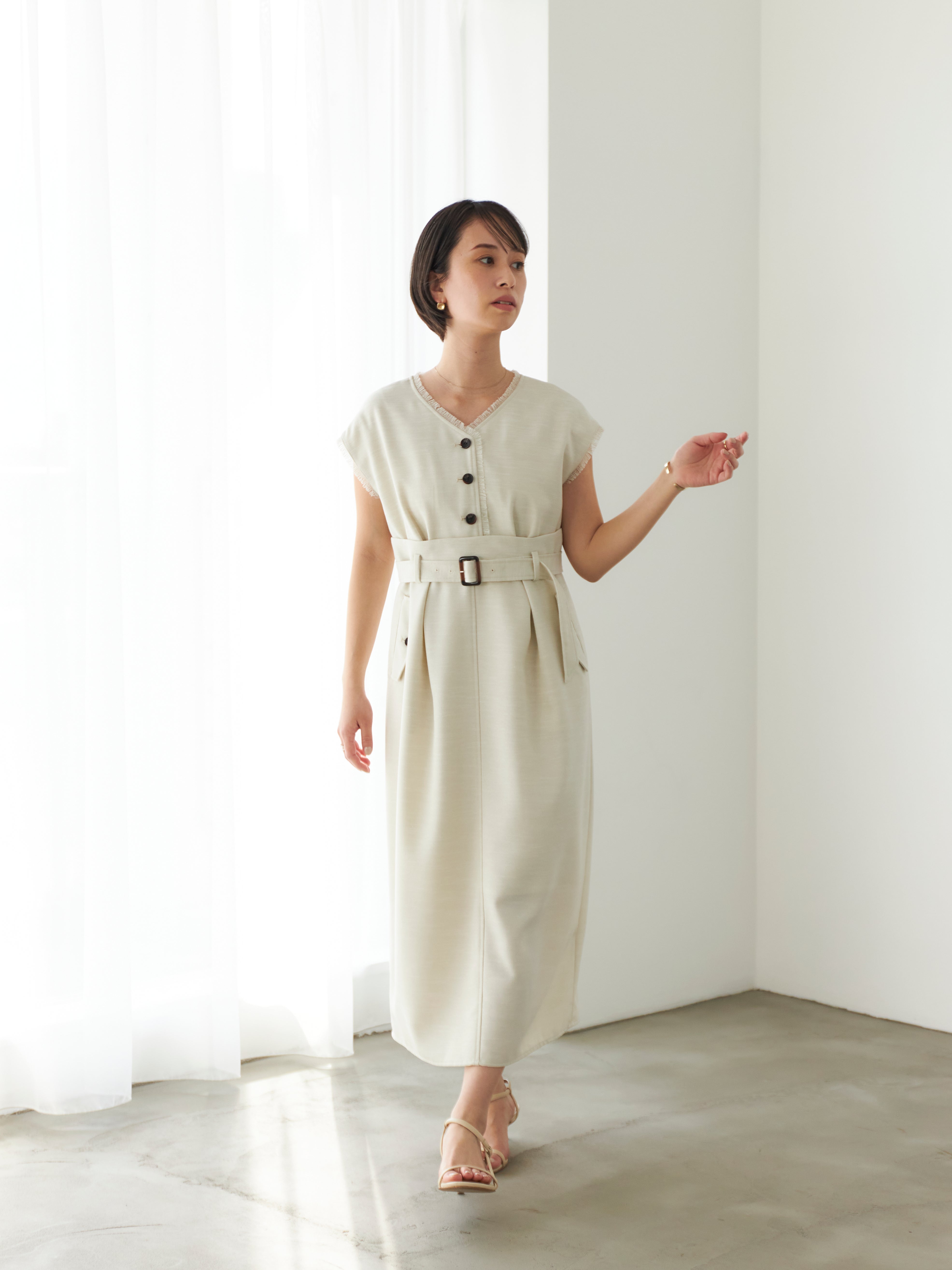 リネンライクツイードIラインワンピース | 小柄・低身長女性向け