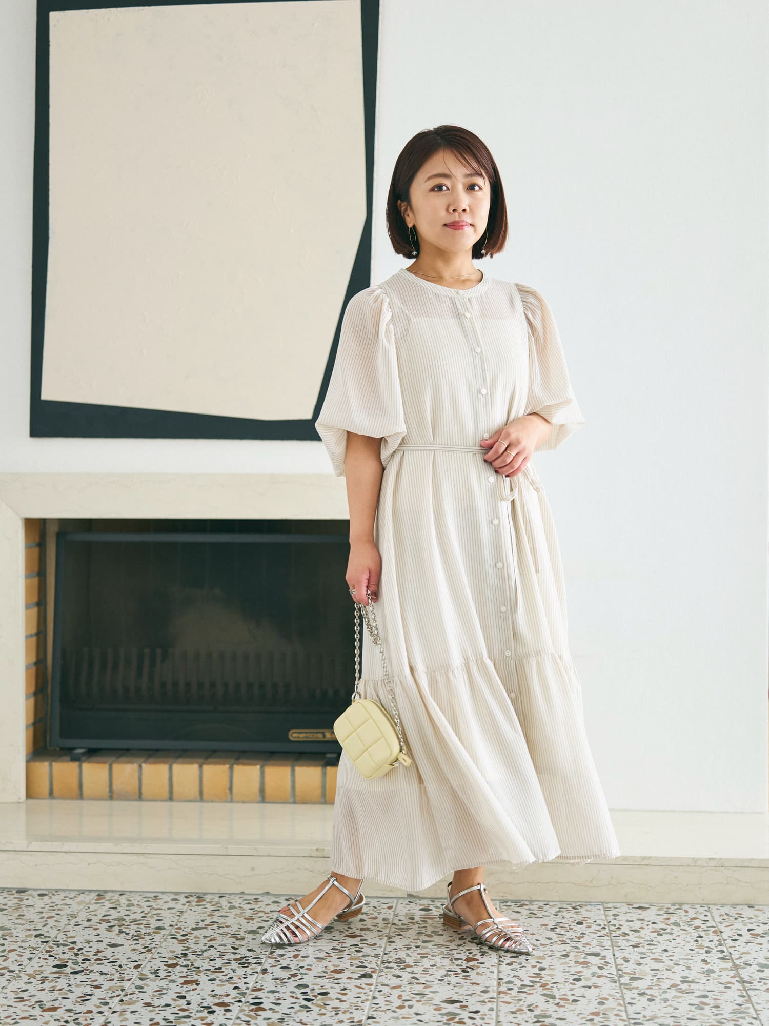 シアーストライプギャザースリーブワンピース-short & regular | 小柄