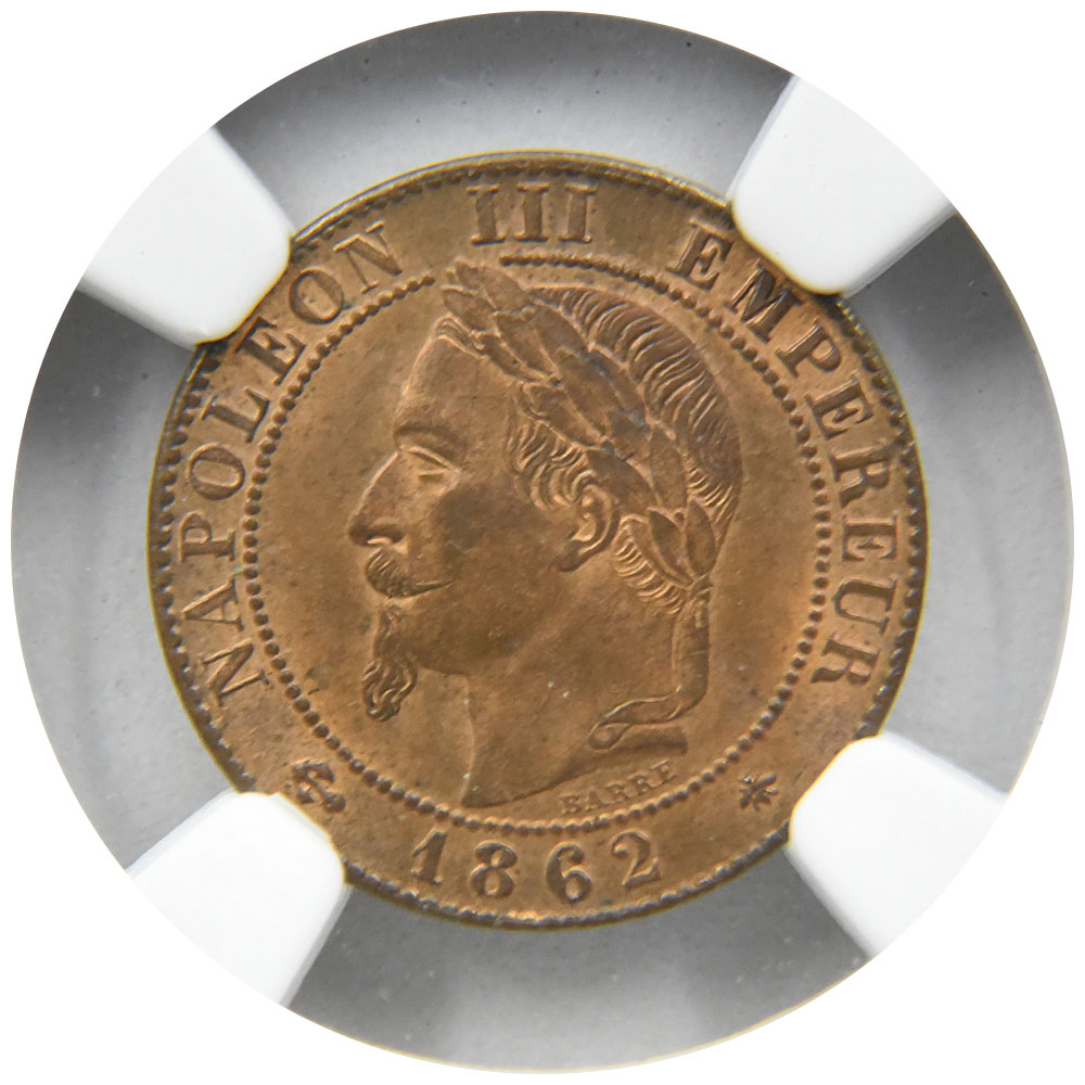 フランス 1862A ナポレオン3世 10サンチーム 銅貨 NGC MS64RB 月桂冠像